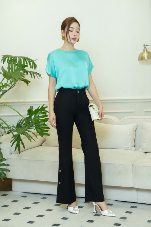 Sixdo Black Side Buttons Flare Woven Pants